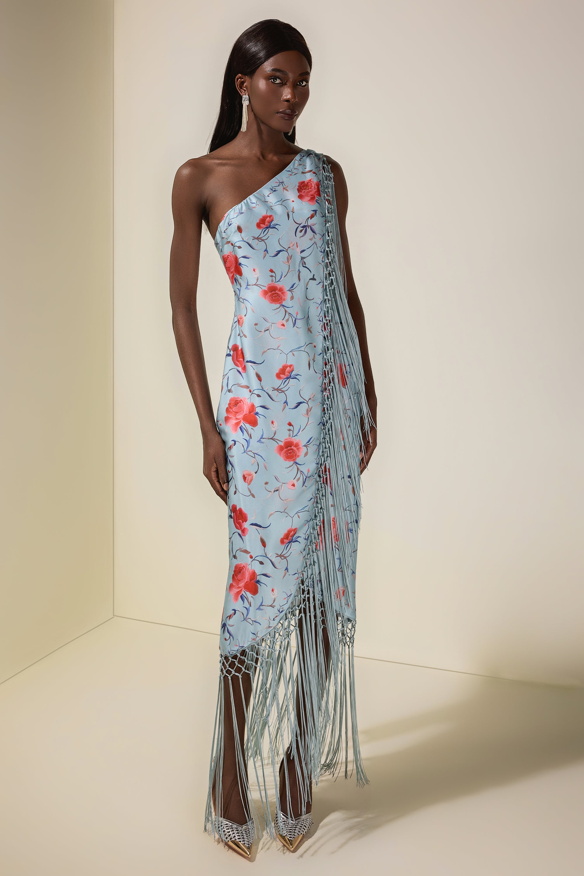 Floral Tassel Halter Neck Satin Midi Dress