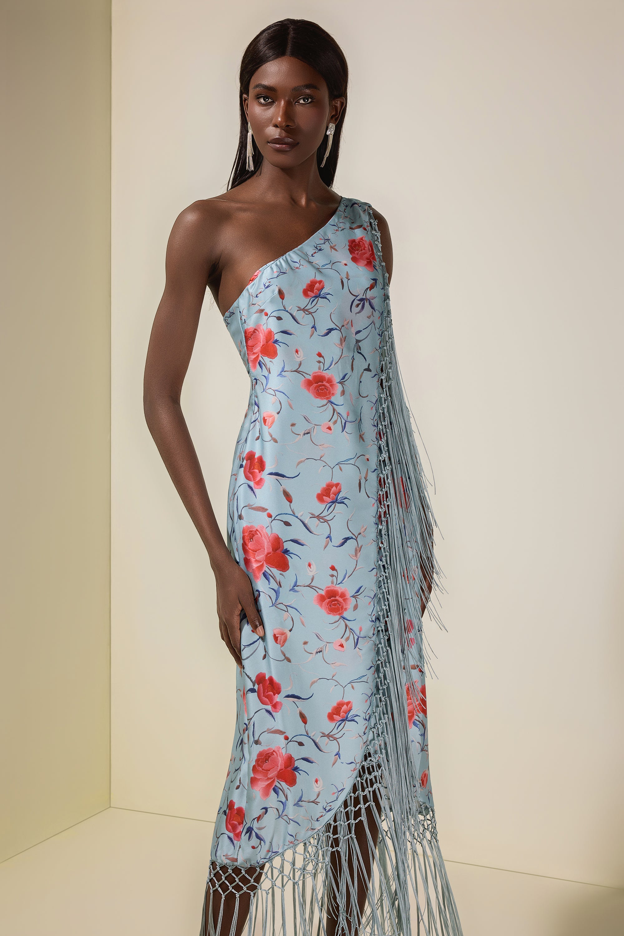 Floral Tassel Halter Neck Satin Midi Dress