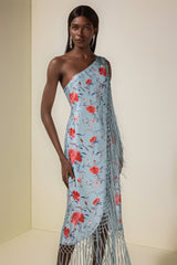 Floral Tassel Halter Neck Satin Midi Dress