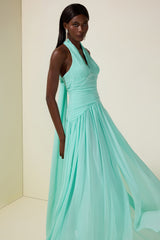 Pleated Halter Neck Backless Maxi Dress