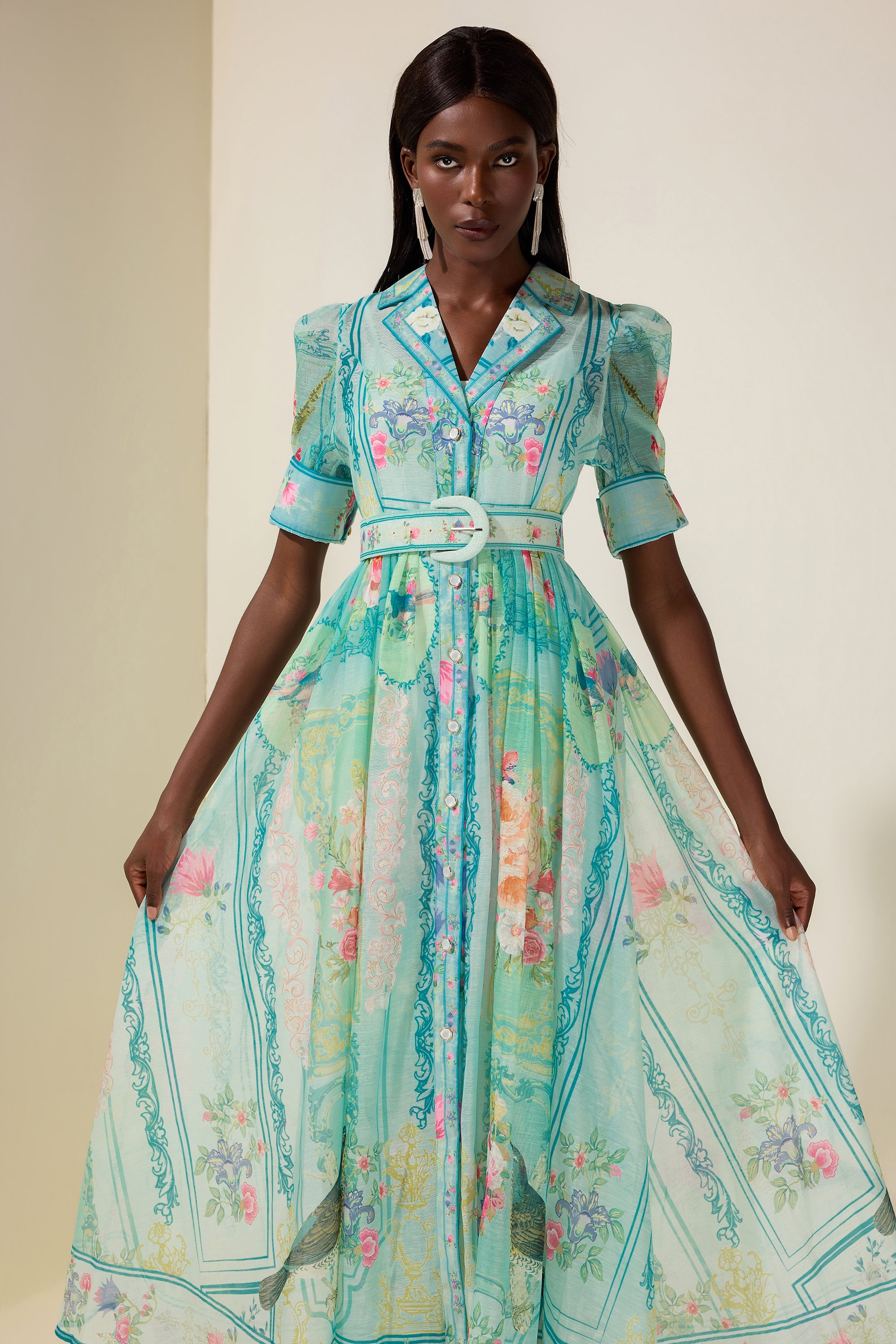 Floral Flapped Midi Dress With Belt