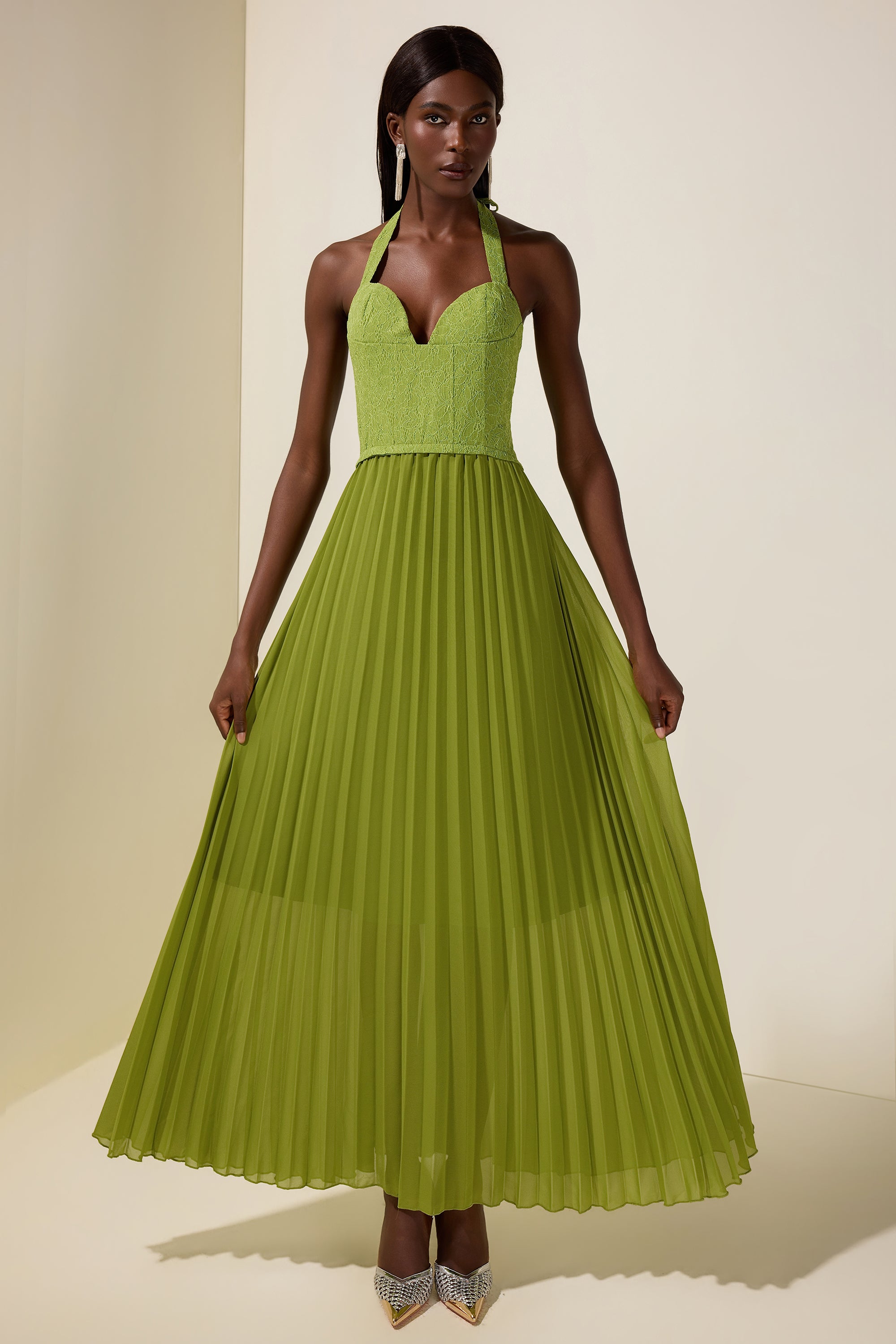 Lace Chiffon Pleated Maxi Dress