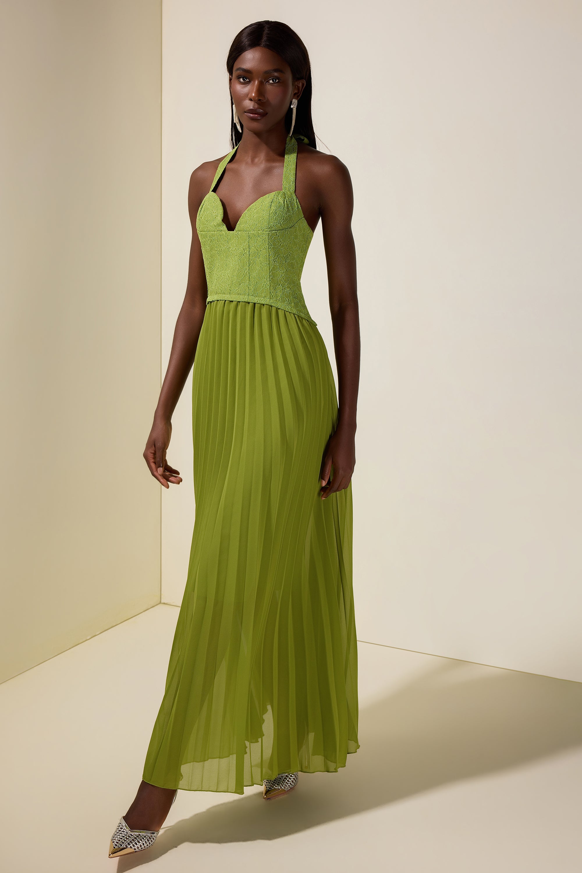 Lace Chiffon Pleated Maxi Dress