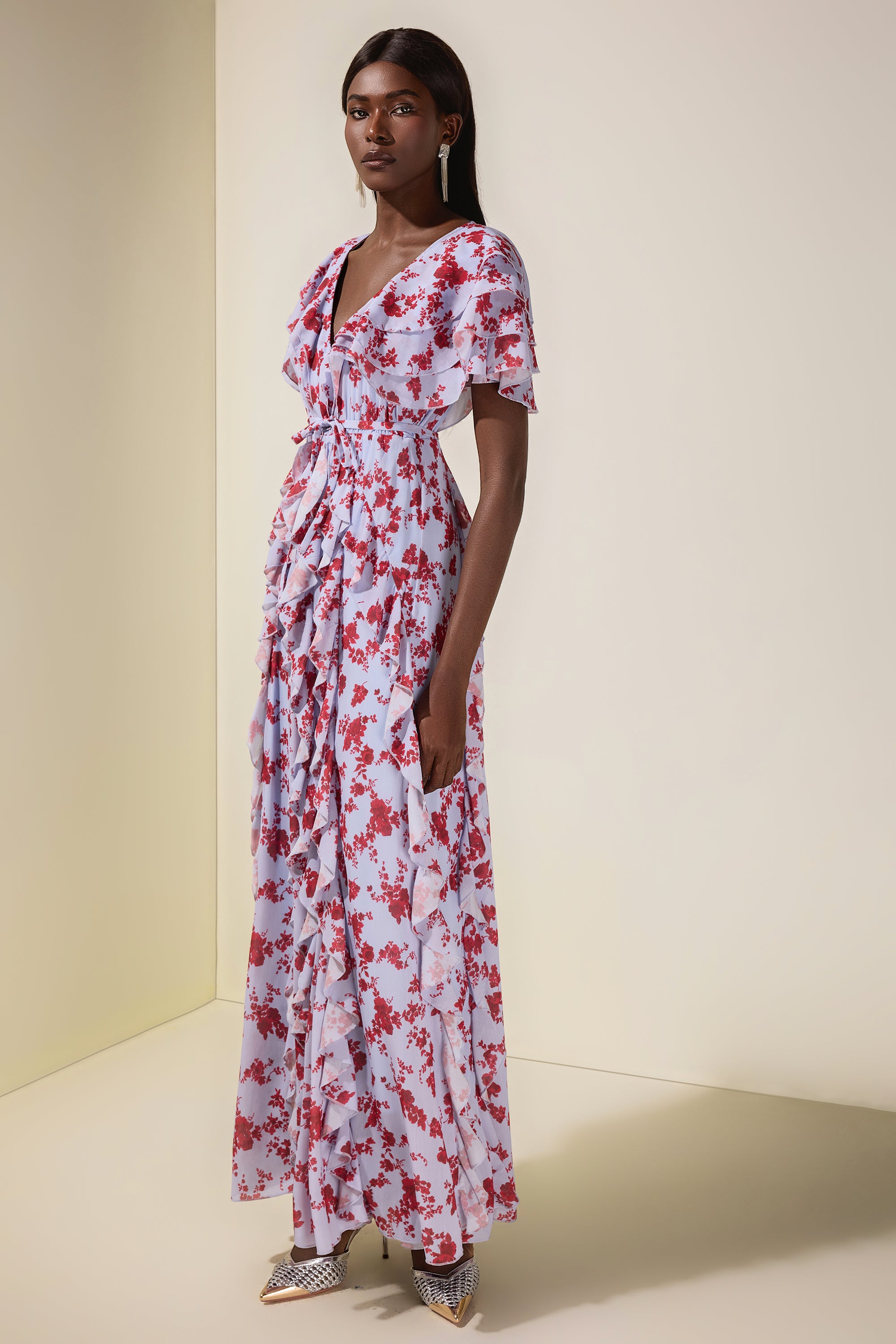 Floral Chiffon Ruffle Maxi Dress