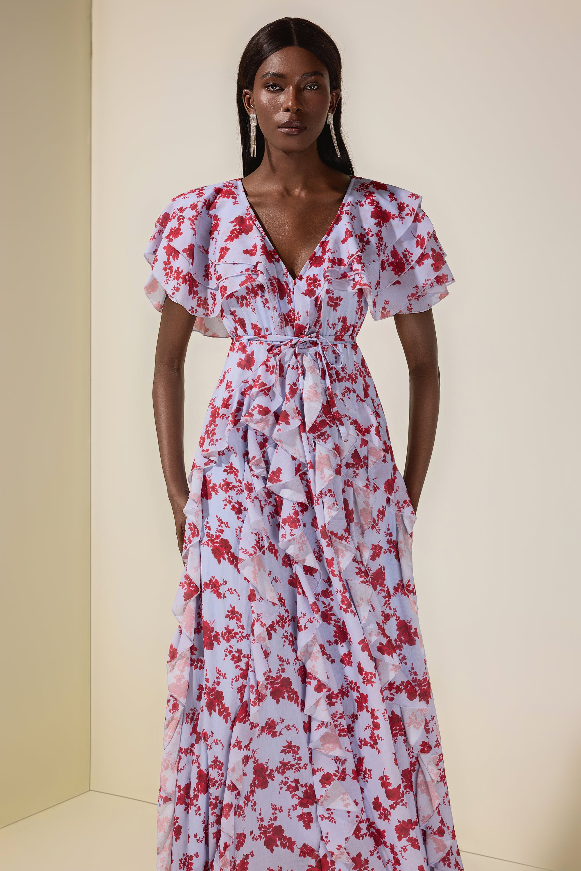 Floral Chiffon Ruffle Maxi Dress