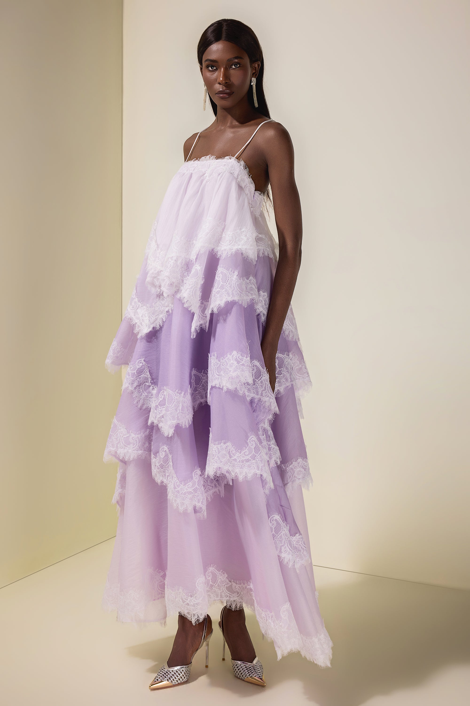 Chiffon Gradient Color Lace Maxi Dress