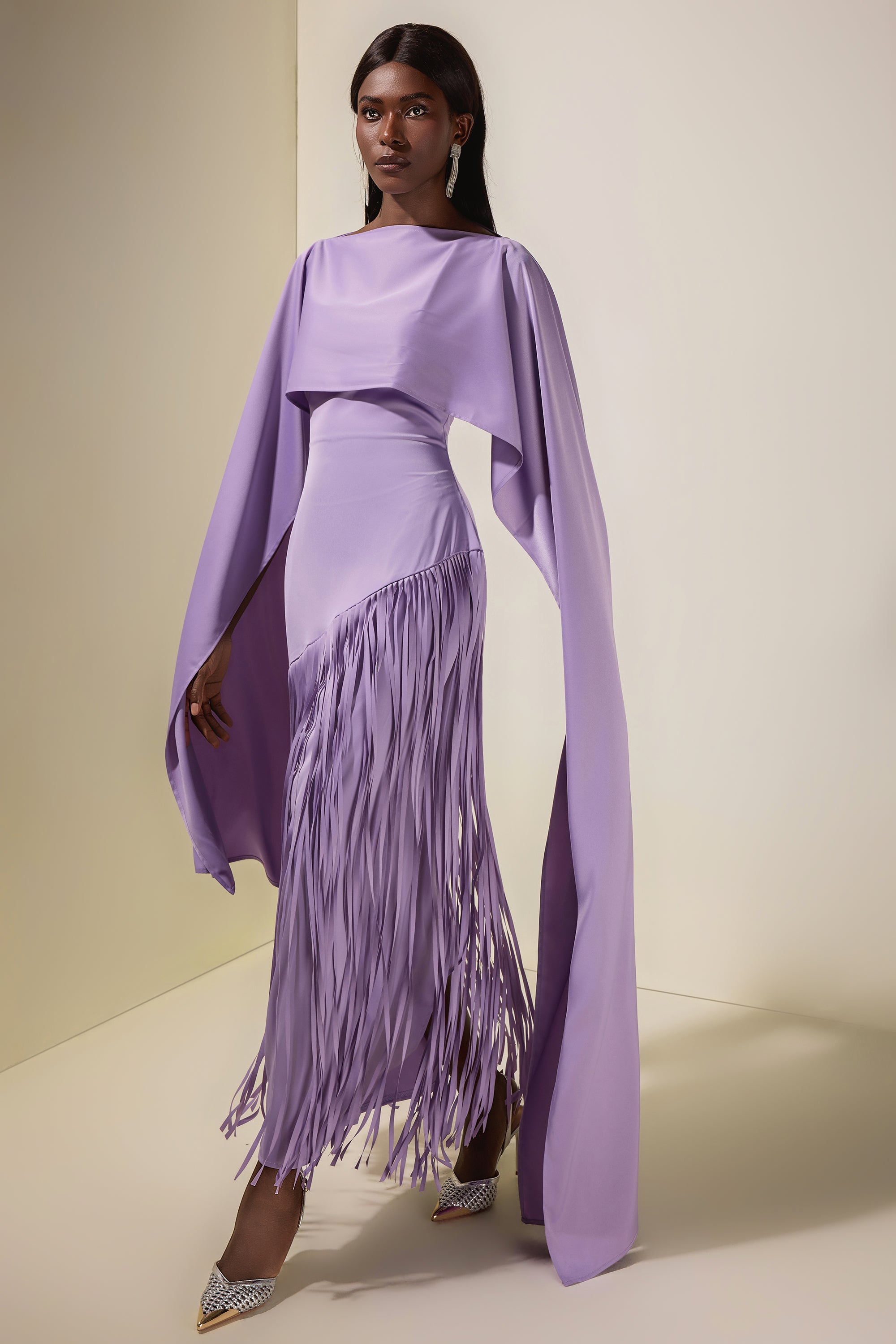 Solid Satin Tassel Maxi Dress With Cape