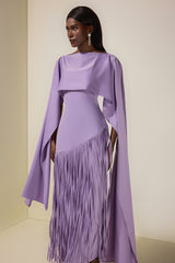 Solid Satin Tassel Maxi Dress With Cape
