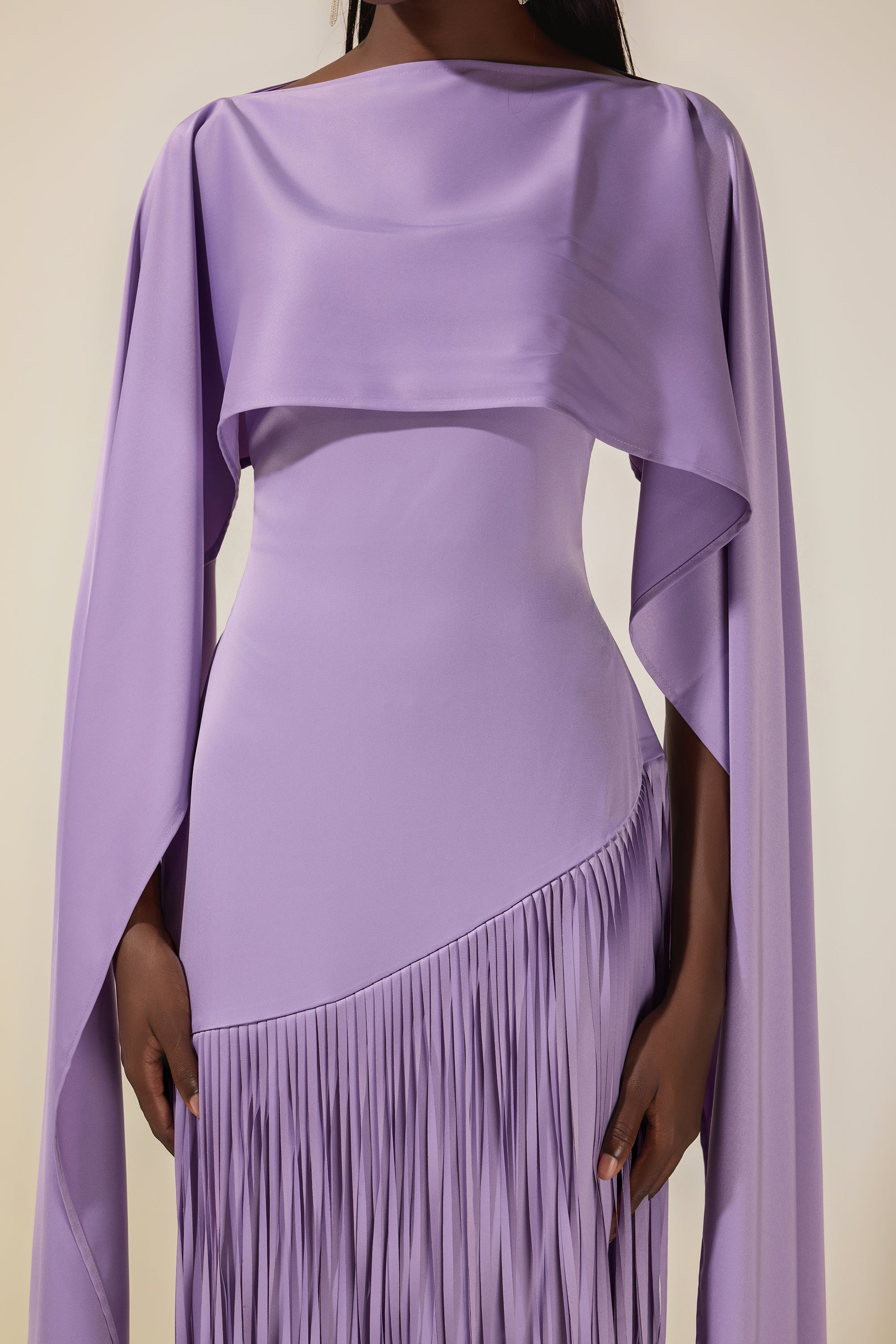 Solid Satin Tassel Maxi Dress With Cape