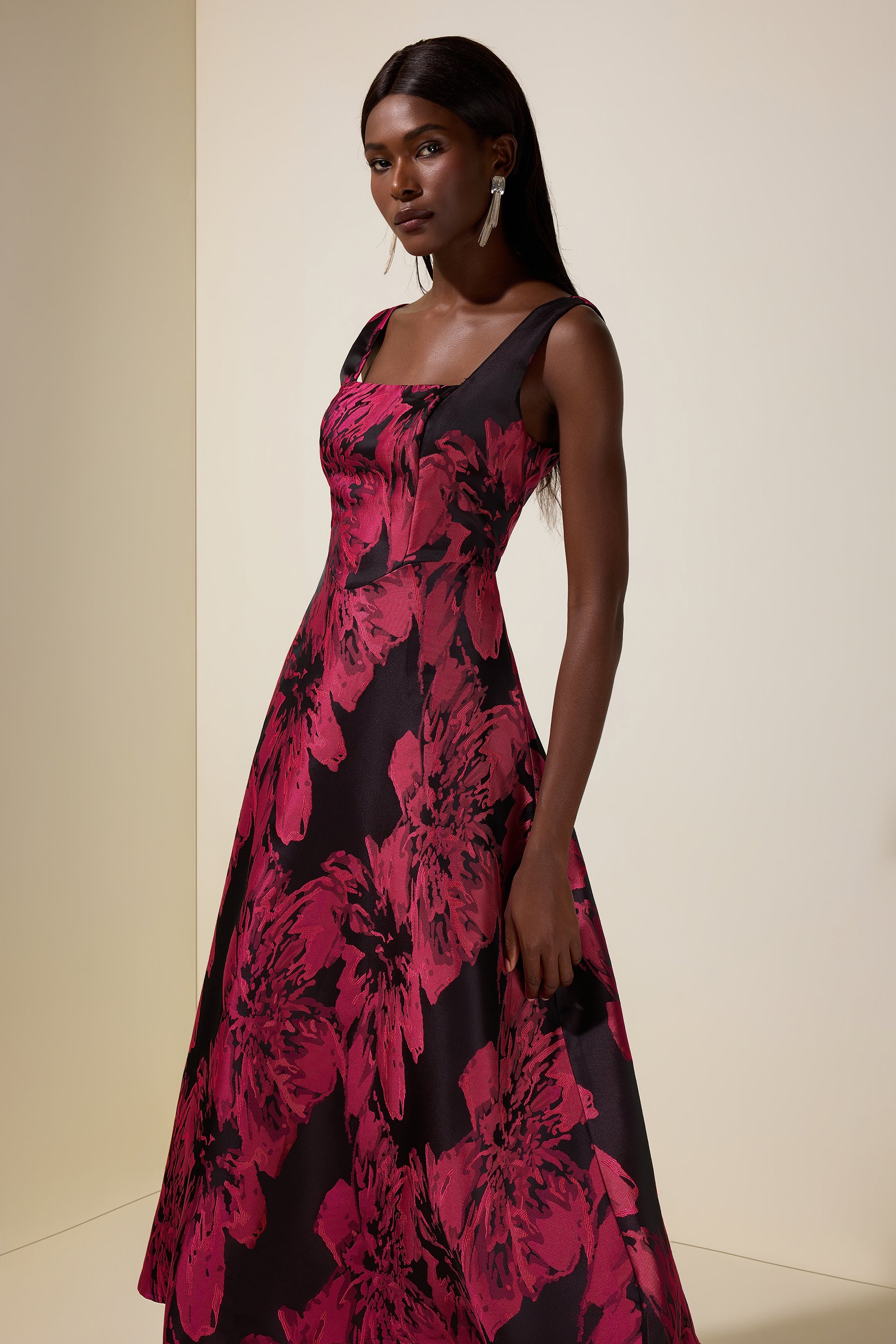 Jacquard Square Collar Sleeveless Midi Dress