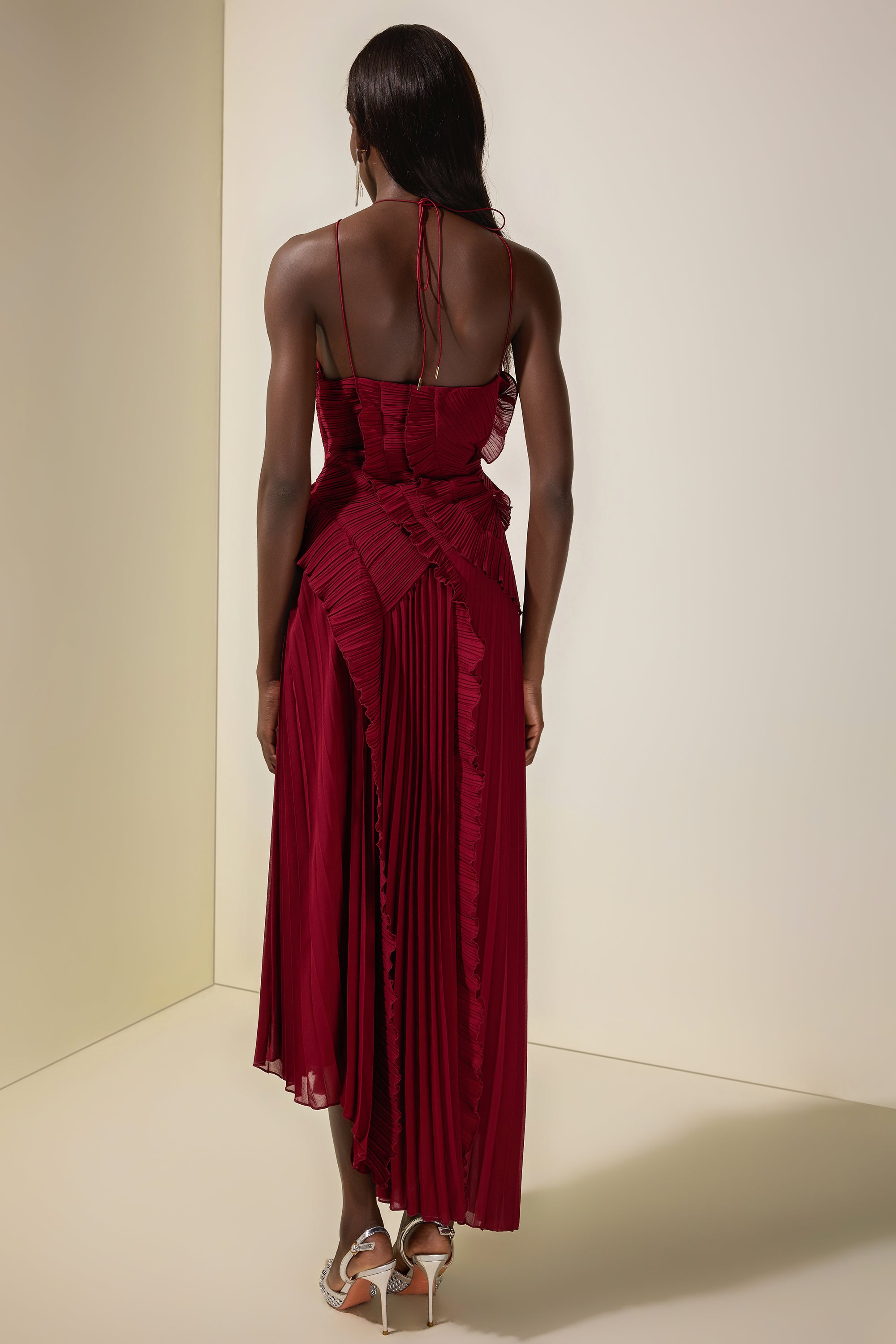 Pleated Frill Halter Neck Midi Dress