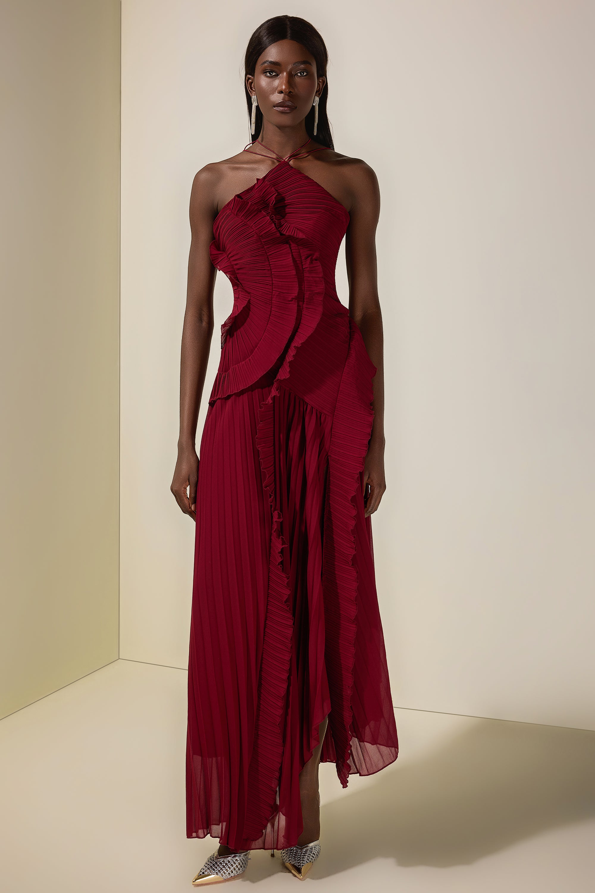 Pleated Frill Halter Neck Midi Dress