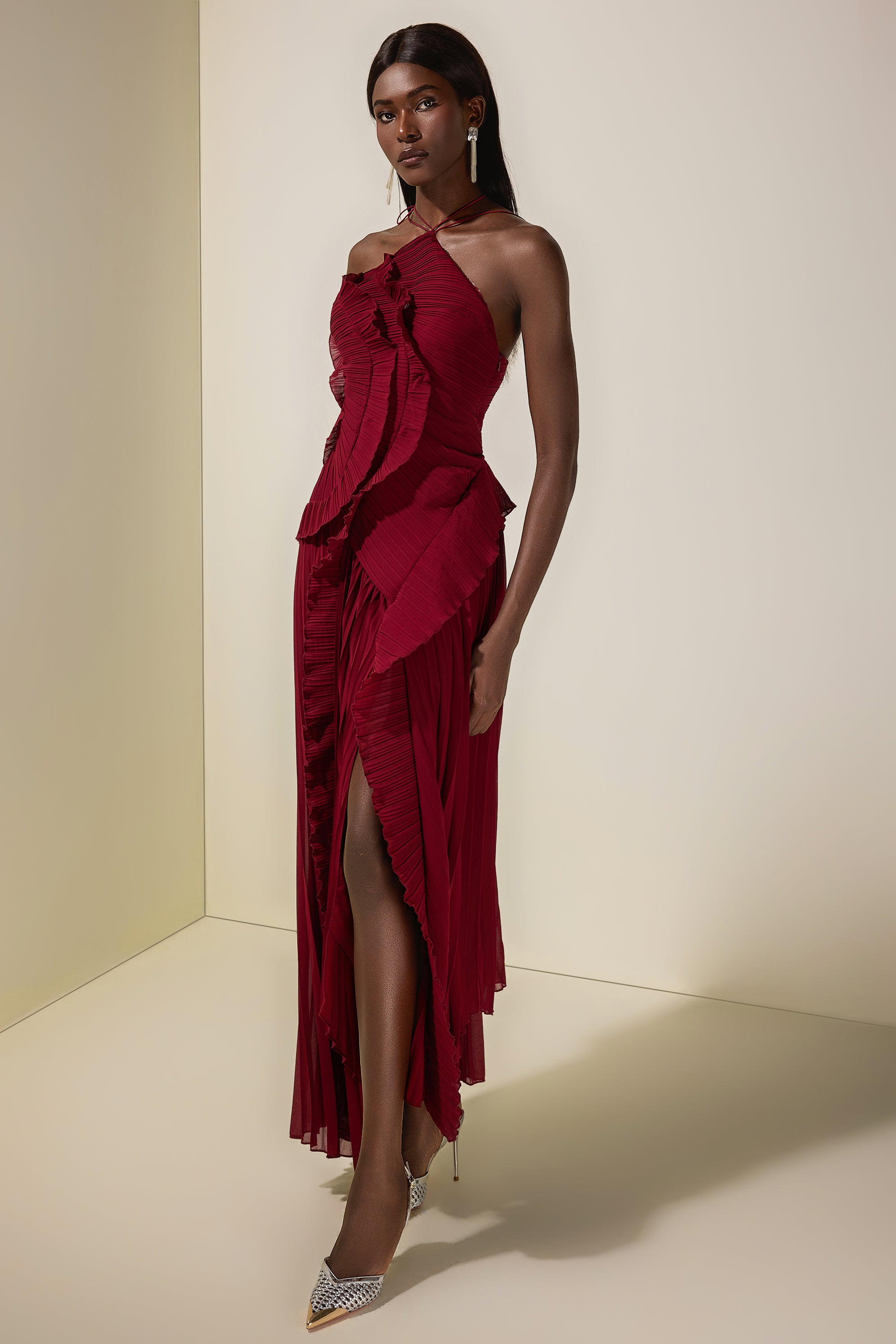 Pleated Frill Halter Neck Midi Dress