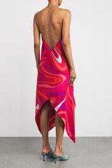 Abstract Print Metal Chain Backless Midi Dress