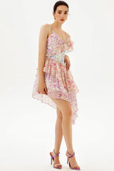 Floral Ruffle Asymmetric Hem Cami Midi Dress