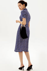 Puff Sleeve Lapel Print Midi Dress Blue
