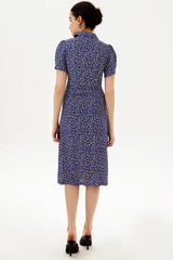Puff Sleeve Lapel Print Midi Dress Blue