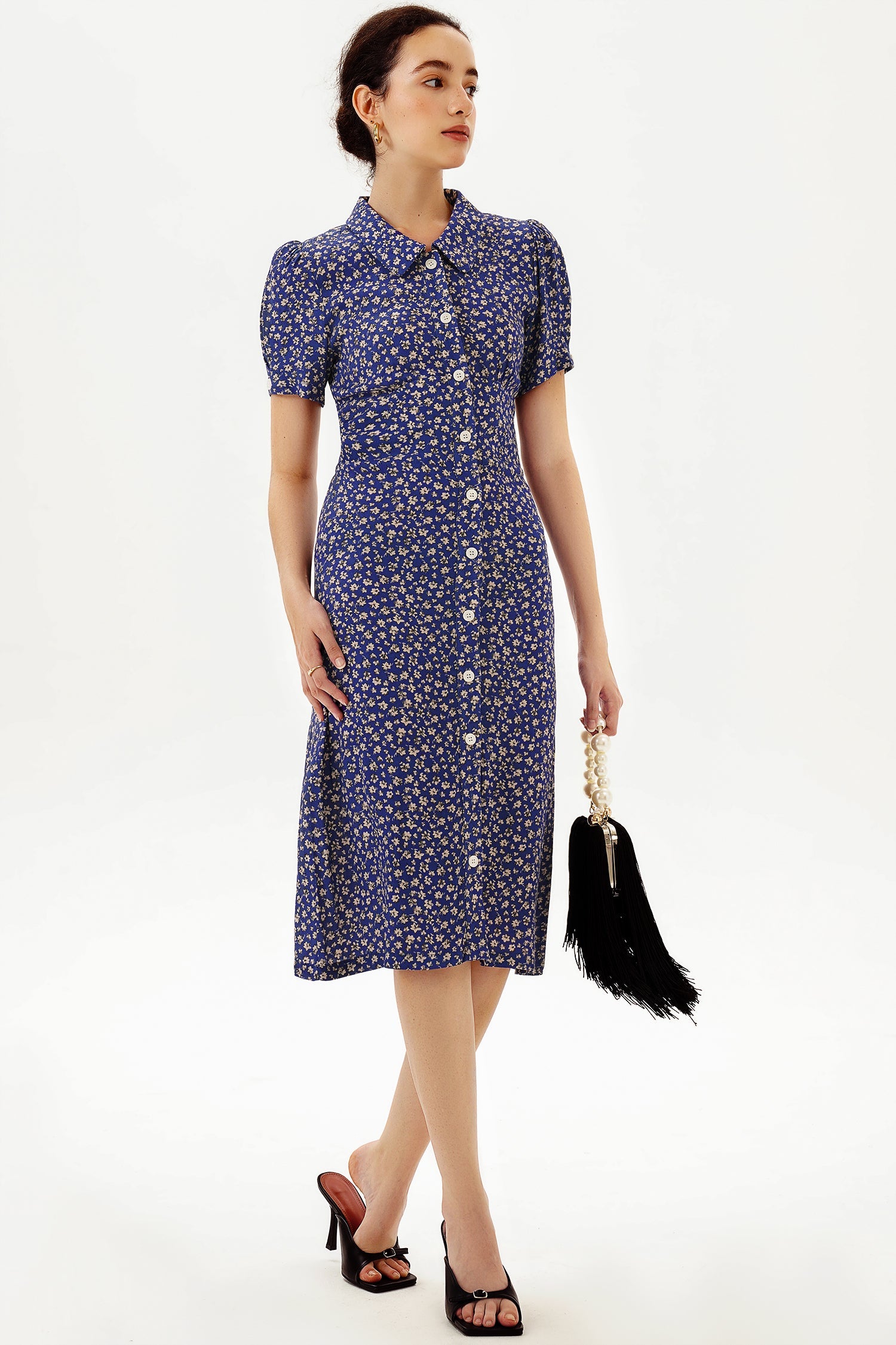 Puff Sleeve Lapel Print Midi Dress Blue