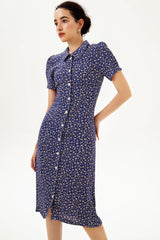 Puff Sleeve Lapel Print Midi Dress Blue