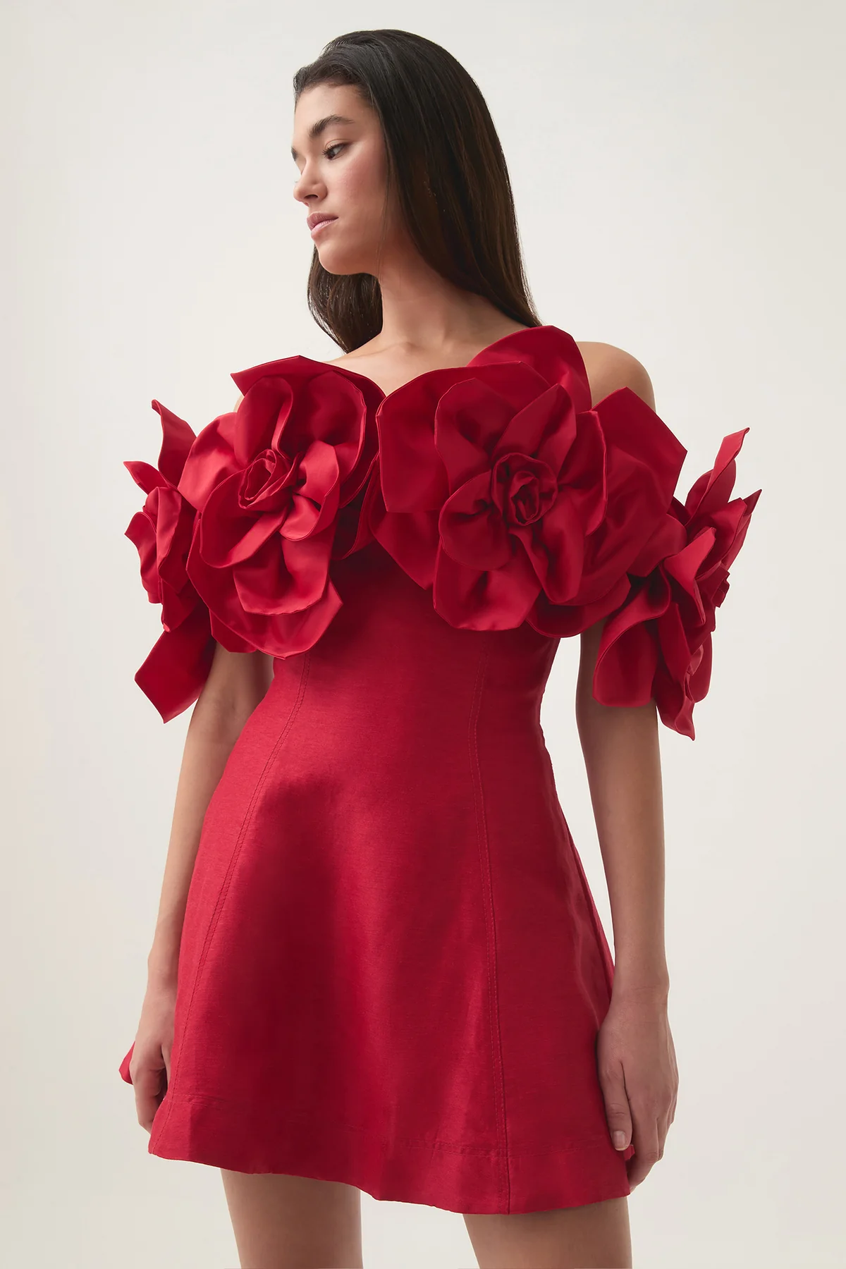 3D Flower Solid Off-Shoulder Mini Dress