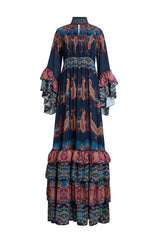 Paisley Print Ruffle Raglan Sleeve Maxi Dress