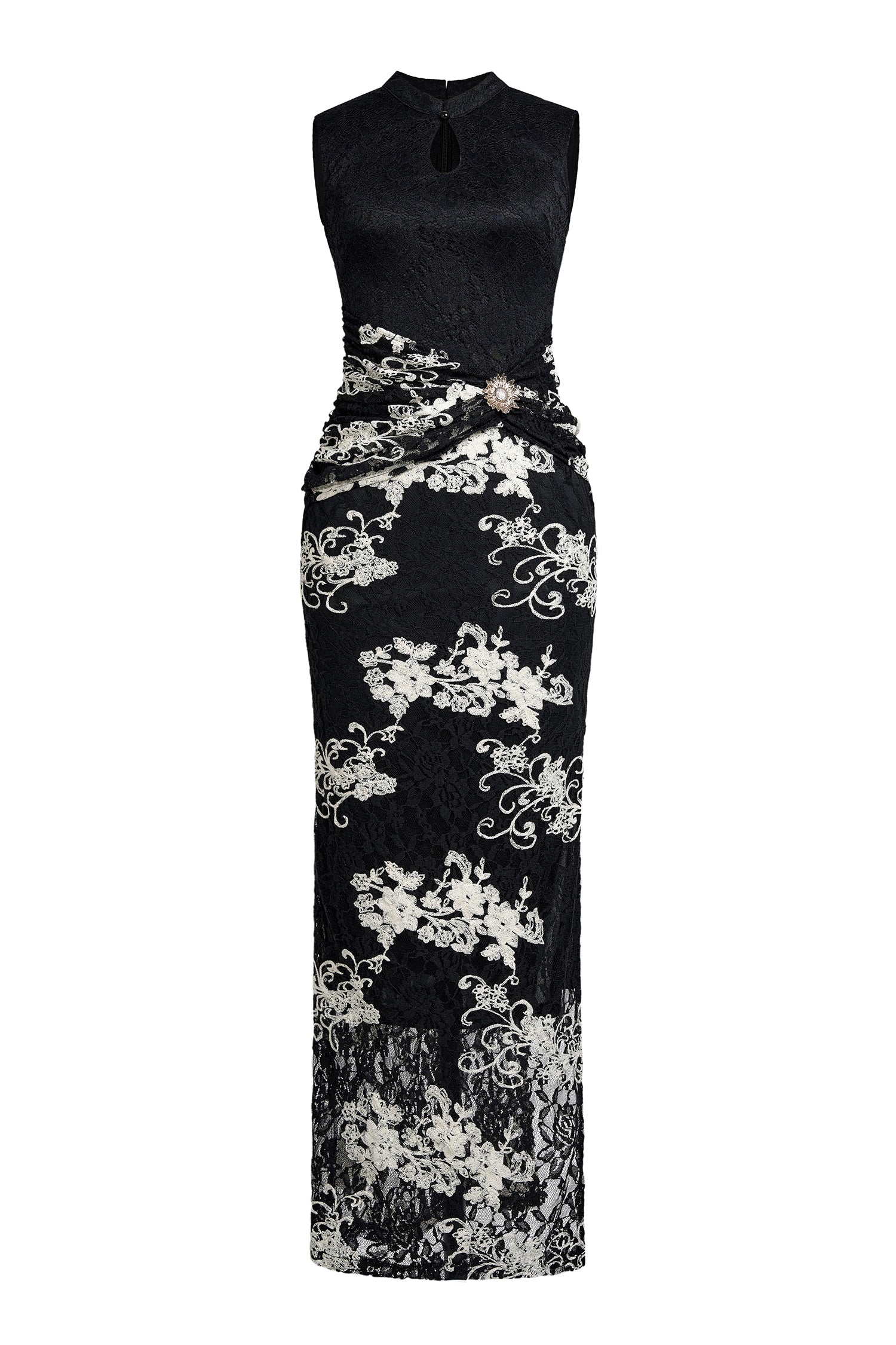 Lace Embroidered Stand Collar Maxi Dress