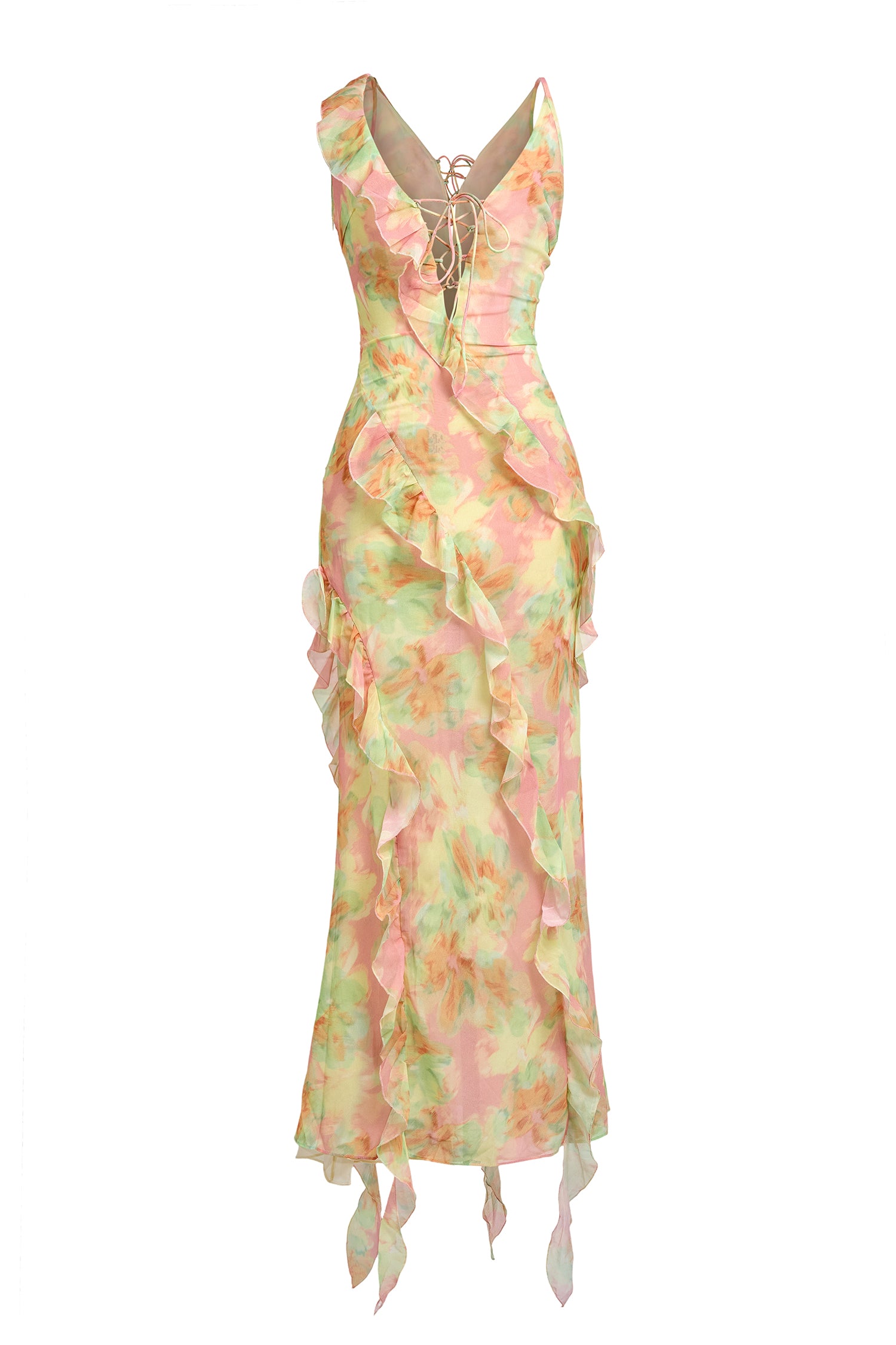Tie Dye Ruffle Tie-Up Midi Dress