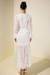 Lace Faux Pearl Button Top & Fishtail Midi Skirt Set