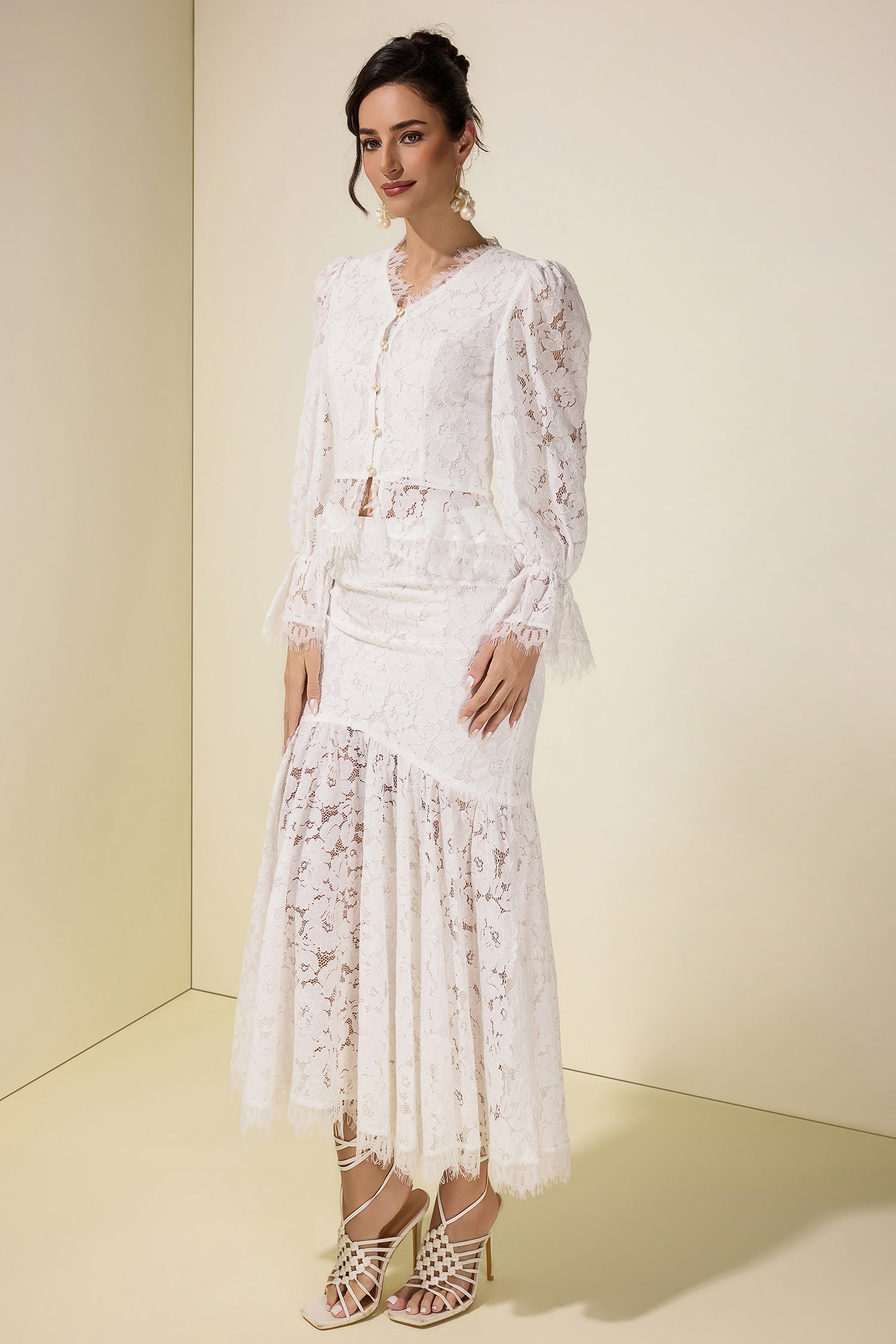 Lace Faux Pearl Button Top & Fishtail Midi Skirt Set