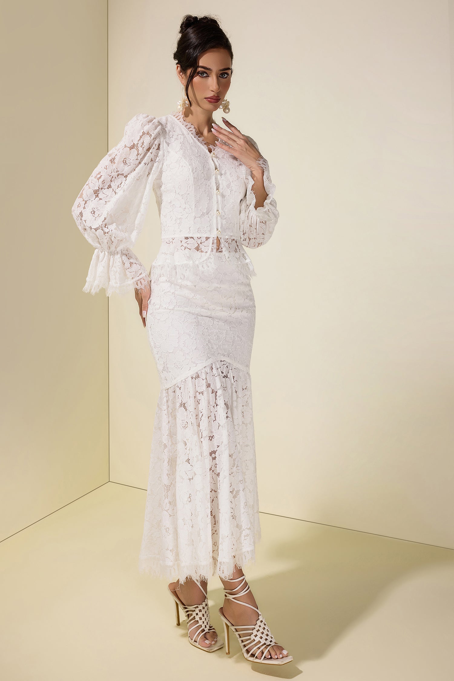 Lace Faux Pearl Button Top & Fishtail Midi Skirt Set