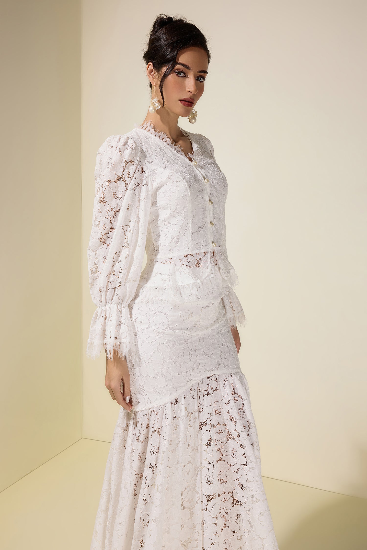 Lace Faux Pearl Button Top & Fishtail Midi Skirt Set