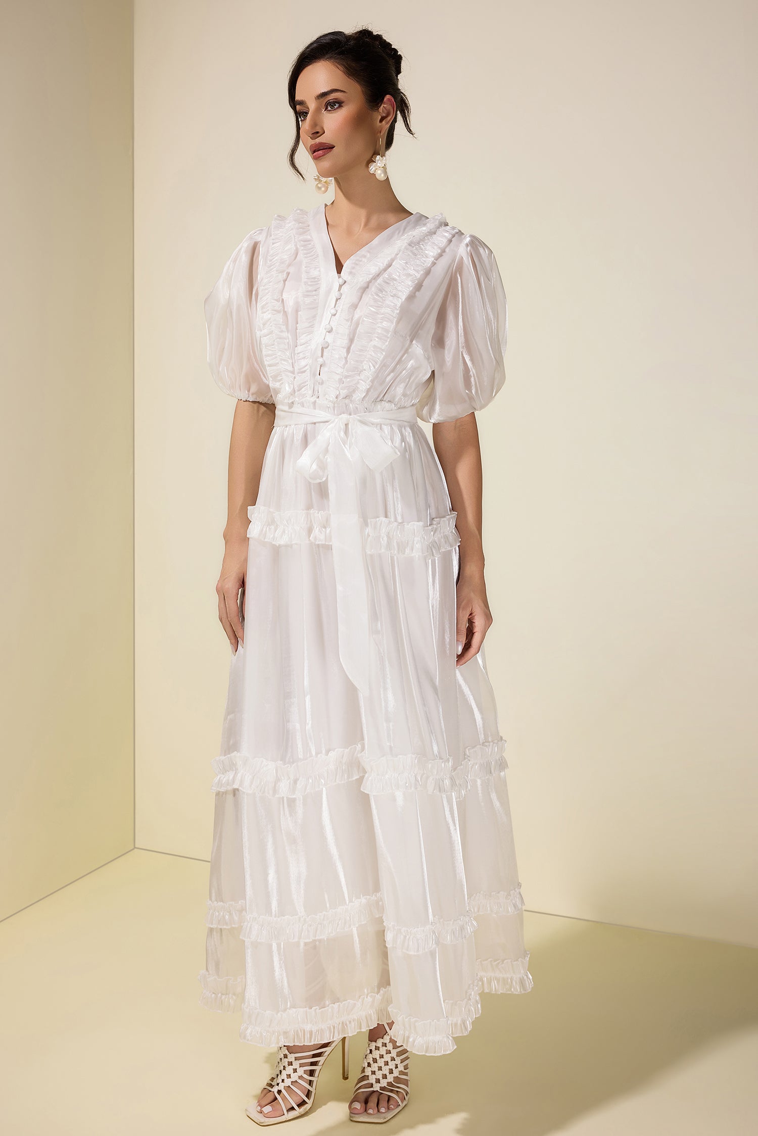 Satin Frill Midi Dress With Belt