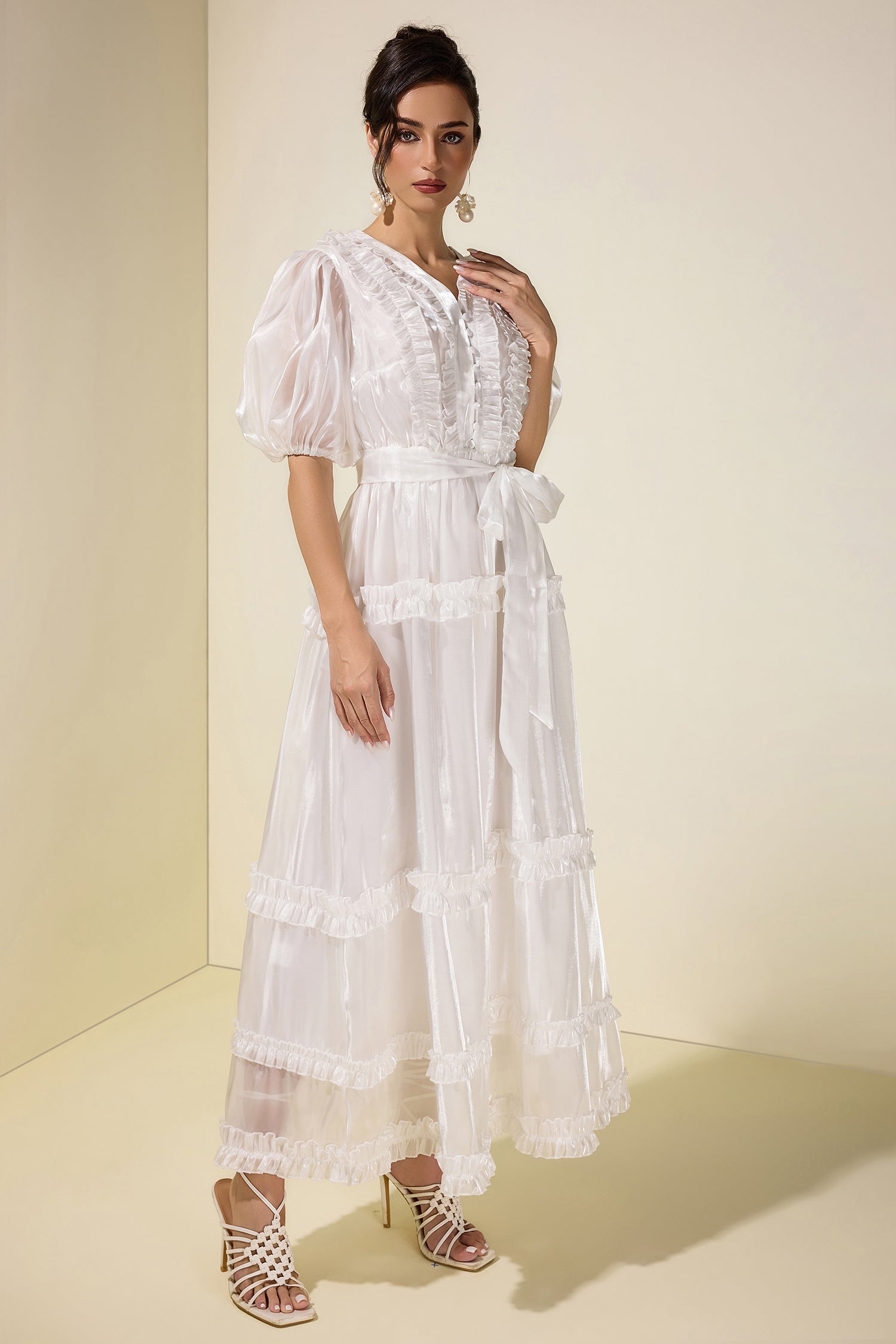Satin Frill Midi Dress With Belt