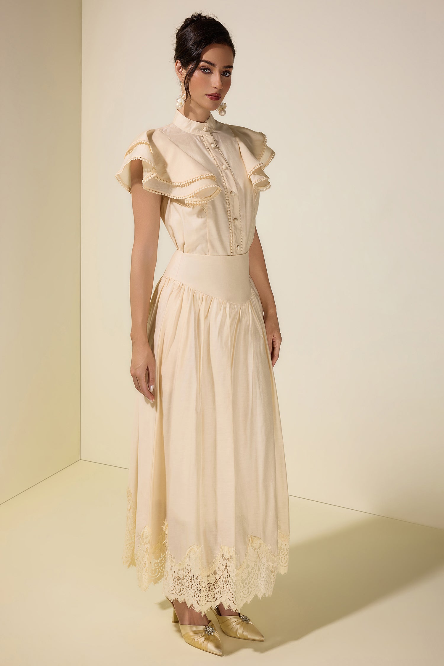Sleeveless Ruffle Lace Top & Midi Skirt Set