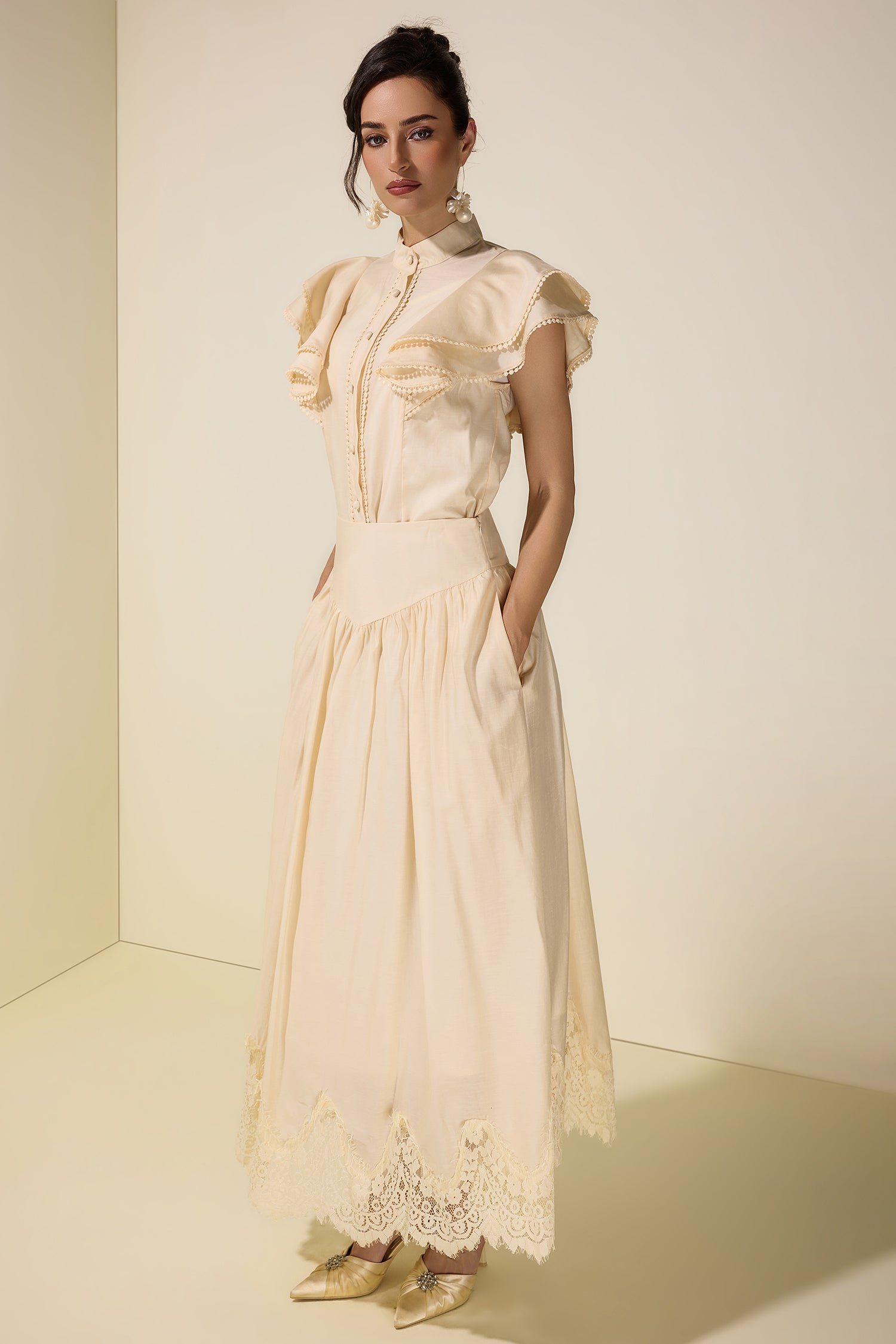 Sleeveless Ruffle Lace Top & Midi Skirt Set