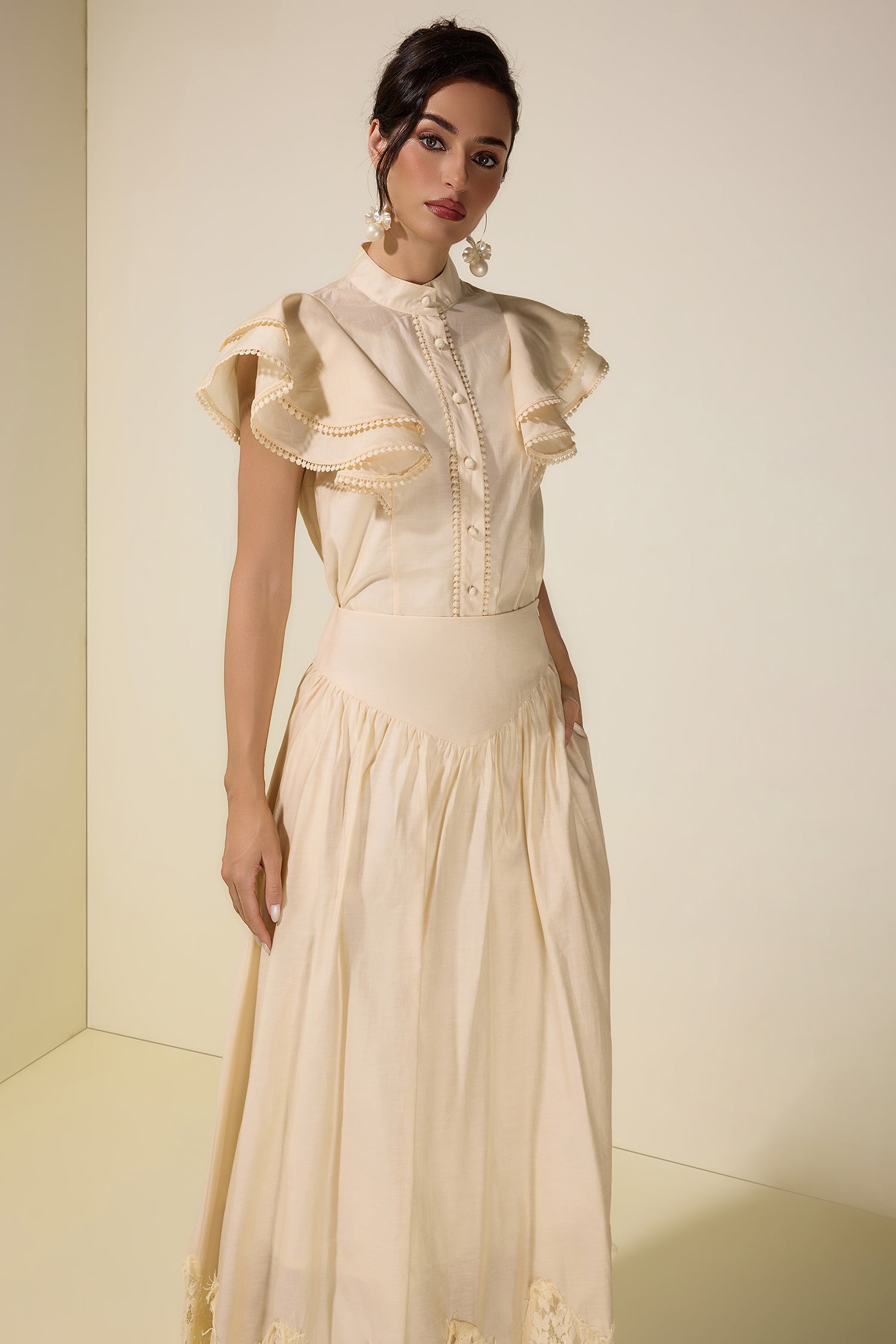 Sleeveless Ruffle Lace Top & Midi Skirt Set