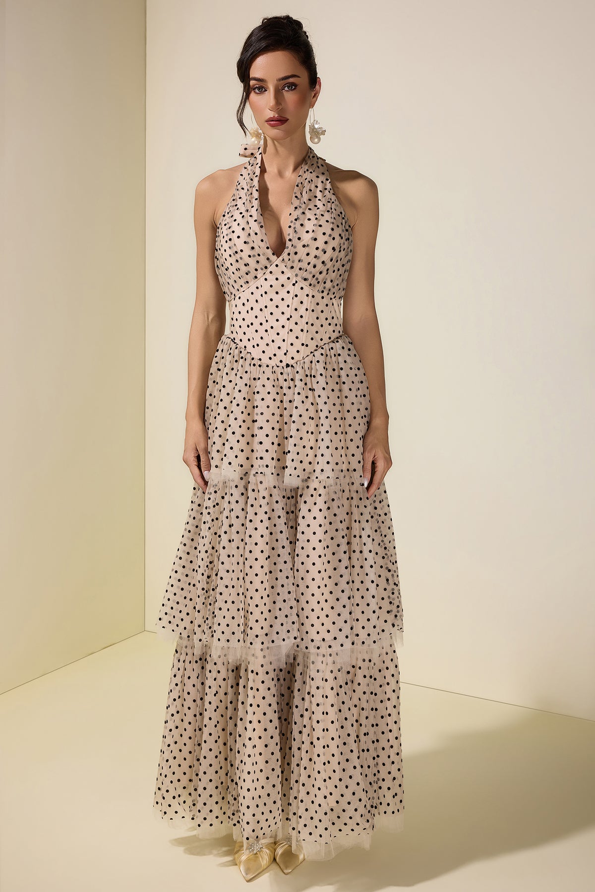 Mesh Flock Polka Dot Halter Neck Maxi Dress