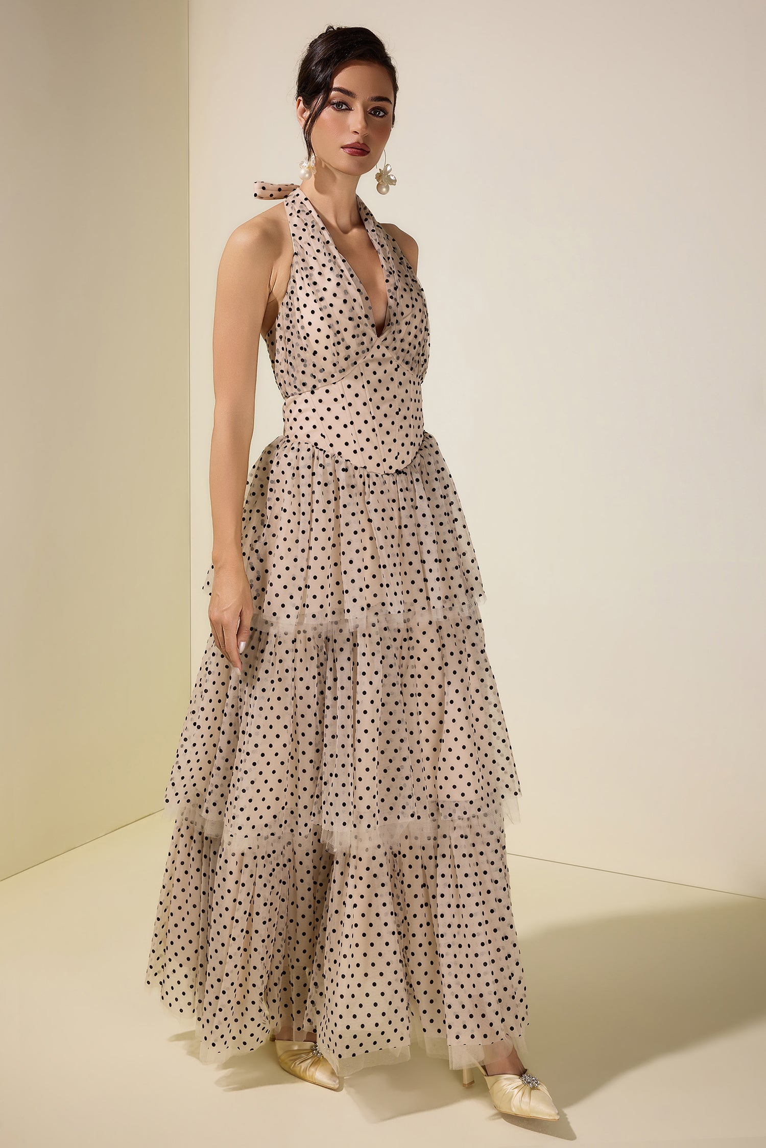 Mesh Flock Polka Dot Halter Neck Maxi Dress