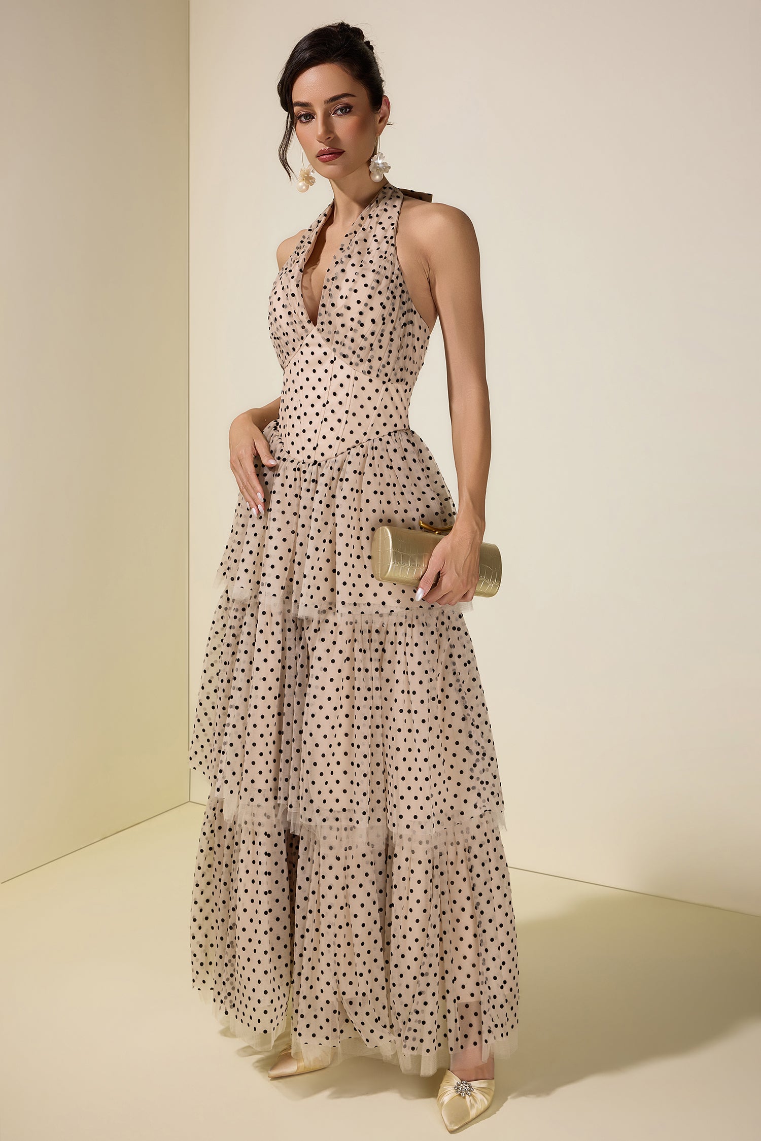 Mesh Flock Polka Dot Halter Neck Maxi Dress