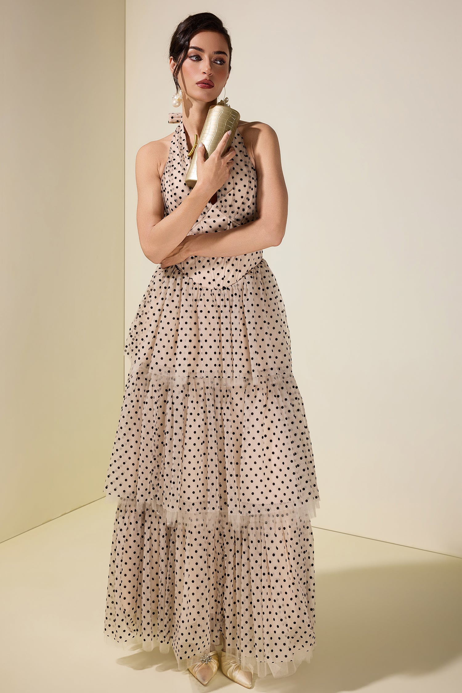 Mesh Flock Polka Dot Halter Neck Maxi Dress