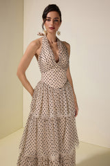 Mesh Flock Polka Dot Halter Neck Maxi Dress