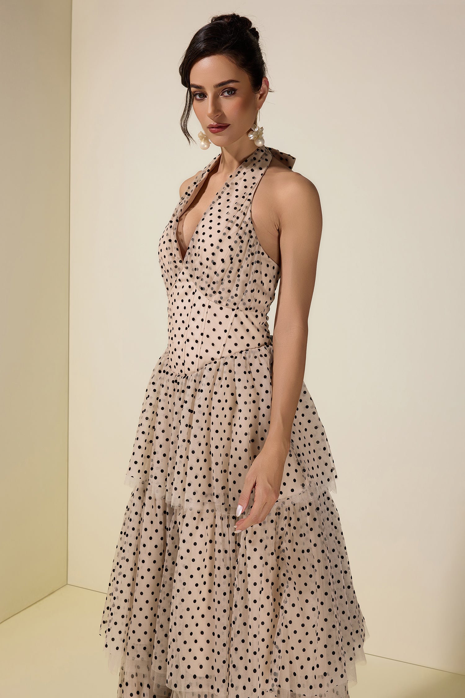 Mesh Flock Polka Dot Halter Neck Maxi Dress