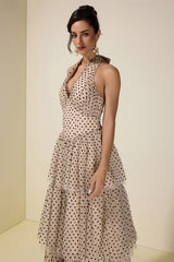 Mesh Flock Polka Dot Halter Neck Maxi Dress