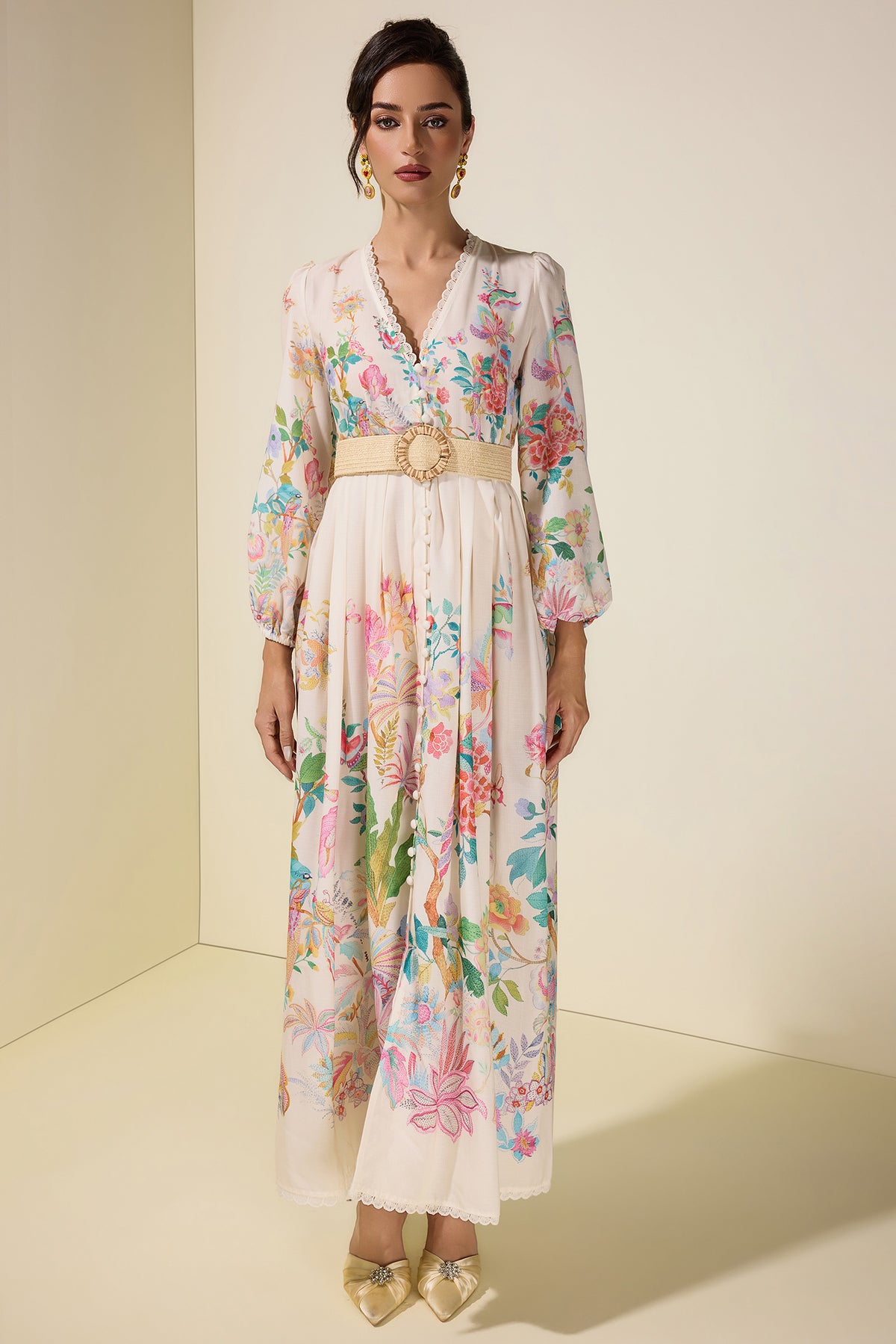Floral Lace Midi Dress With Belt