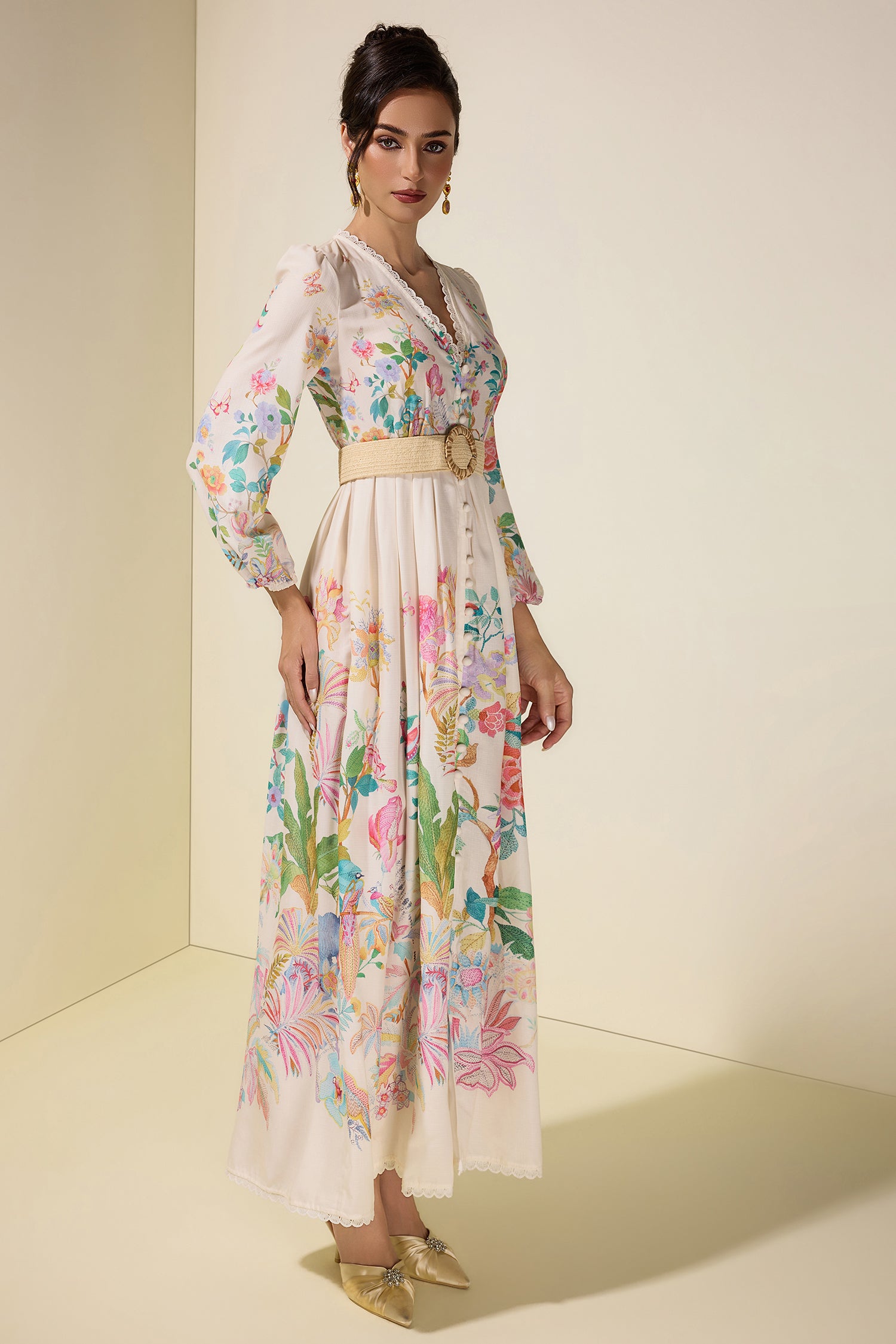 Floral Lace Midi Dress With Belt