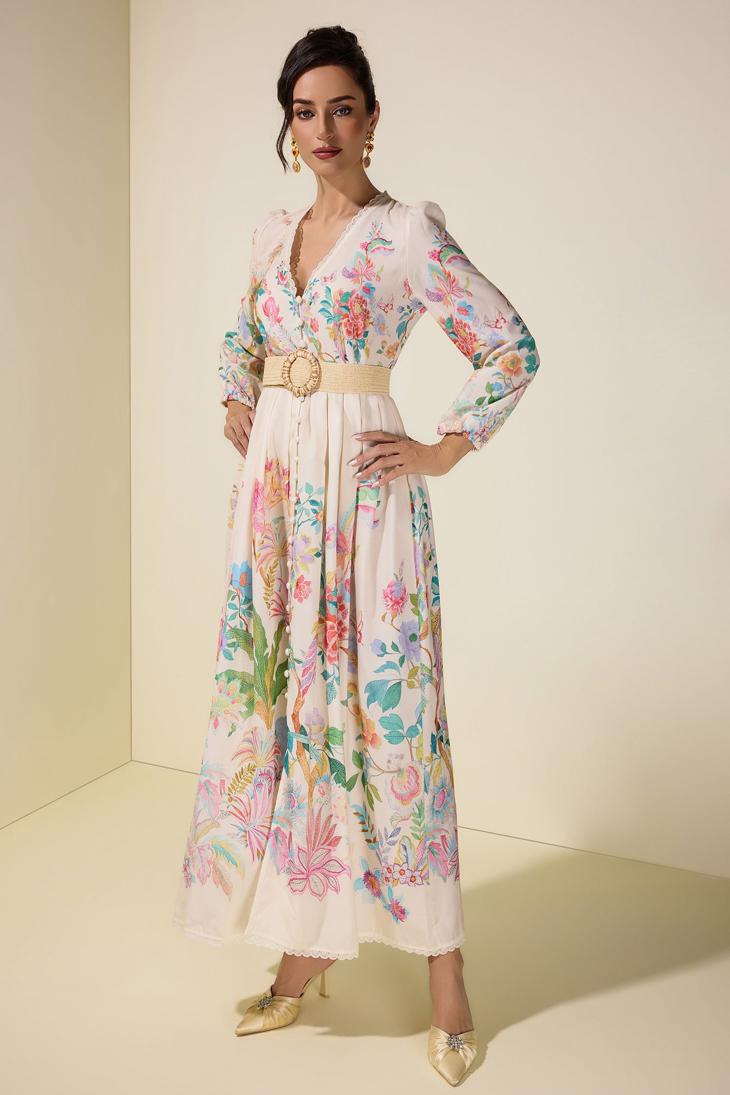 Floral Lace Midi Dress With Belt