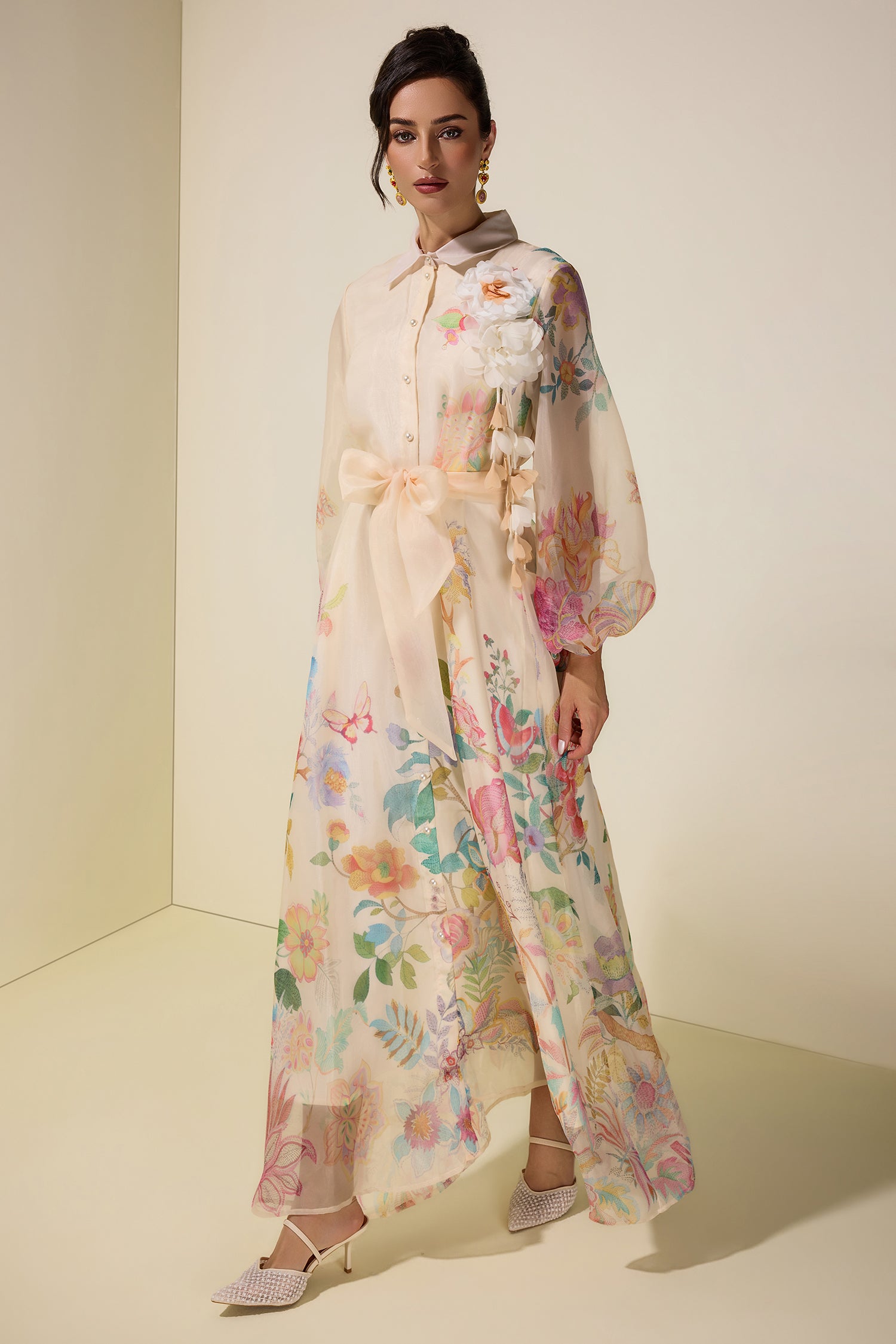 Floral Puff Sleeve Maxi Dress With Belt