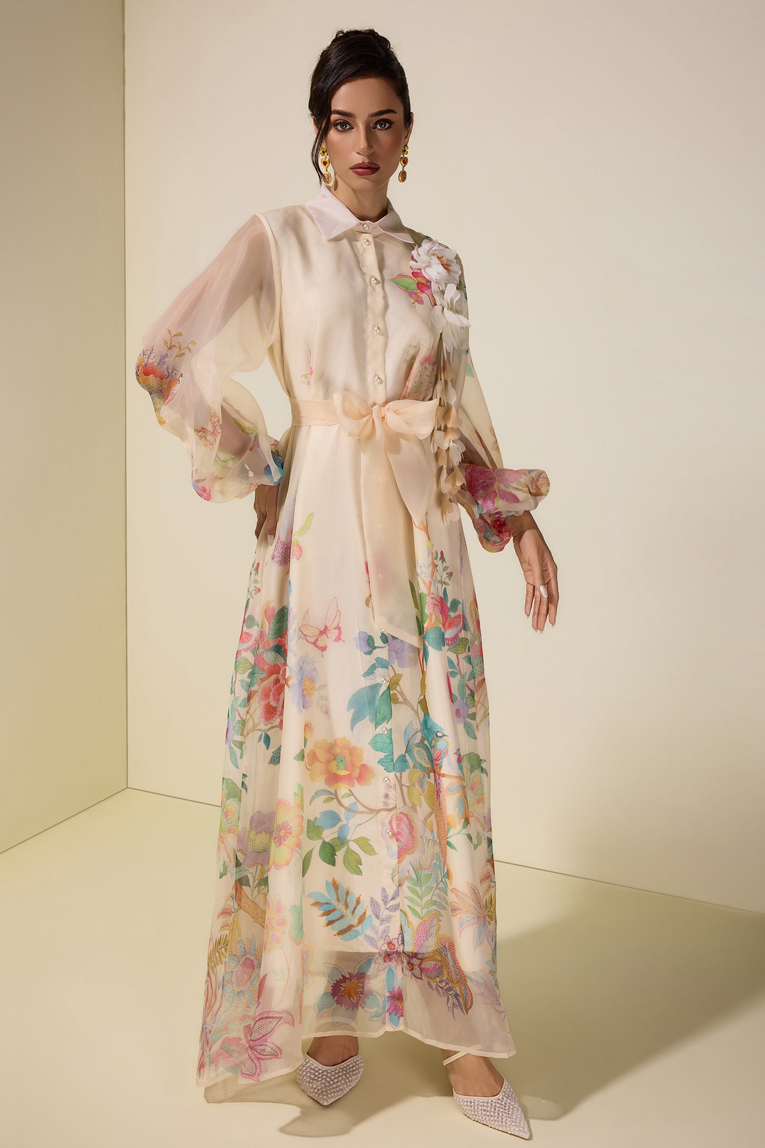 Floral Puff Sleeve Maxi Dress With Belt