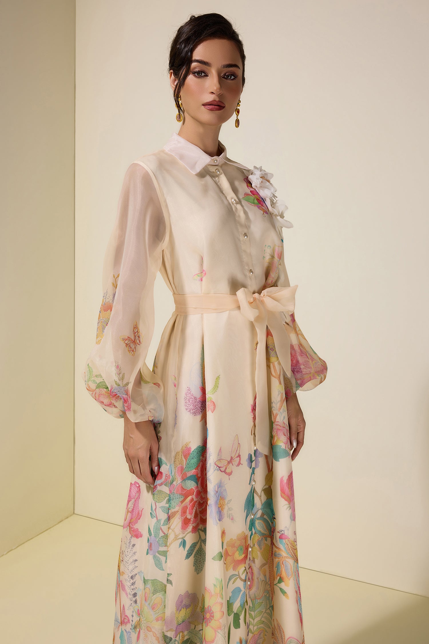 Floral Puff Sleeve Maxi Dress With Belt