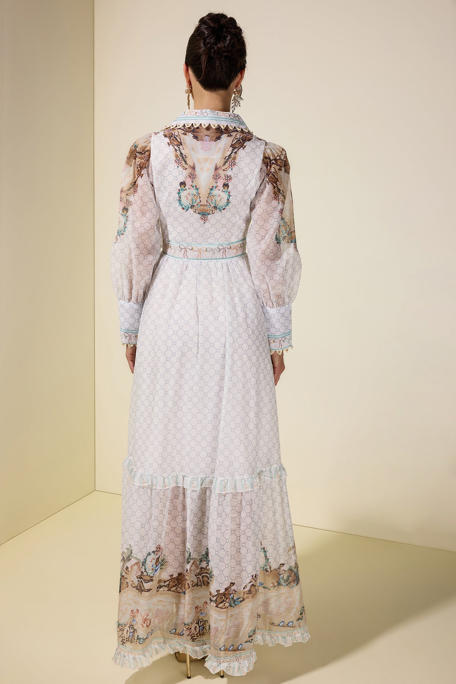 Palace Print V-Neck Rivet Maxi Dress